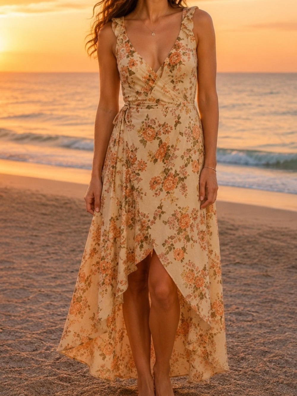 Lumiere Cream Floral Ruffle Curtain Hem Maxi Dress Sz Large